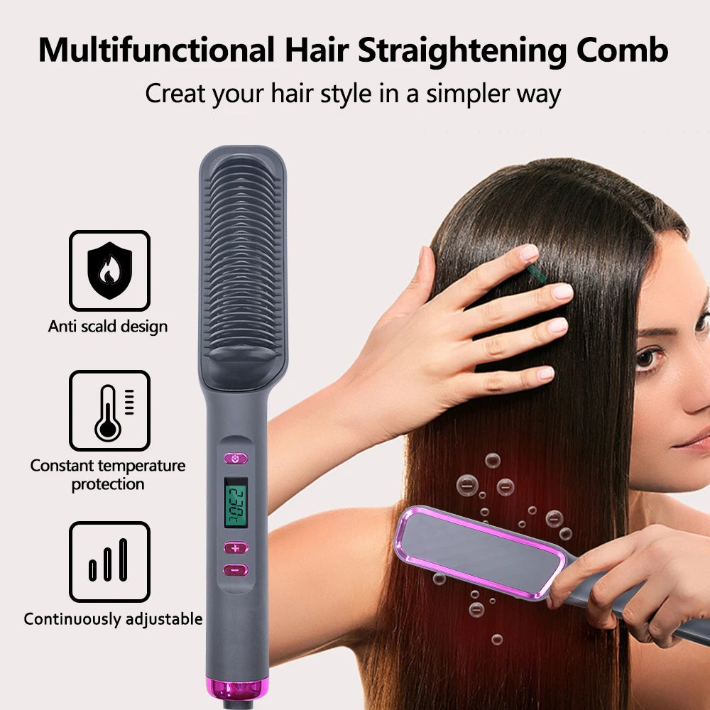 Electric Hot Comb & Straightener - Multifunctional Hair Straightening Brush with Negative Ion Anti-Scalding Styling Tool