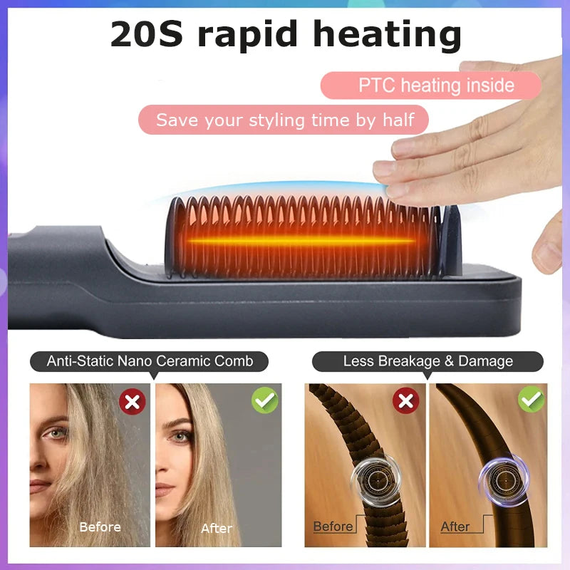 Electric Hot Comb & Straightener - Multifunctional Hair Straightening Brush with Negative Ion Anti-Scalding Styling Tool